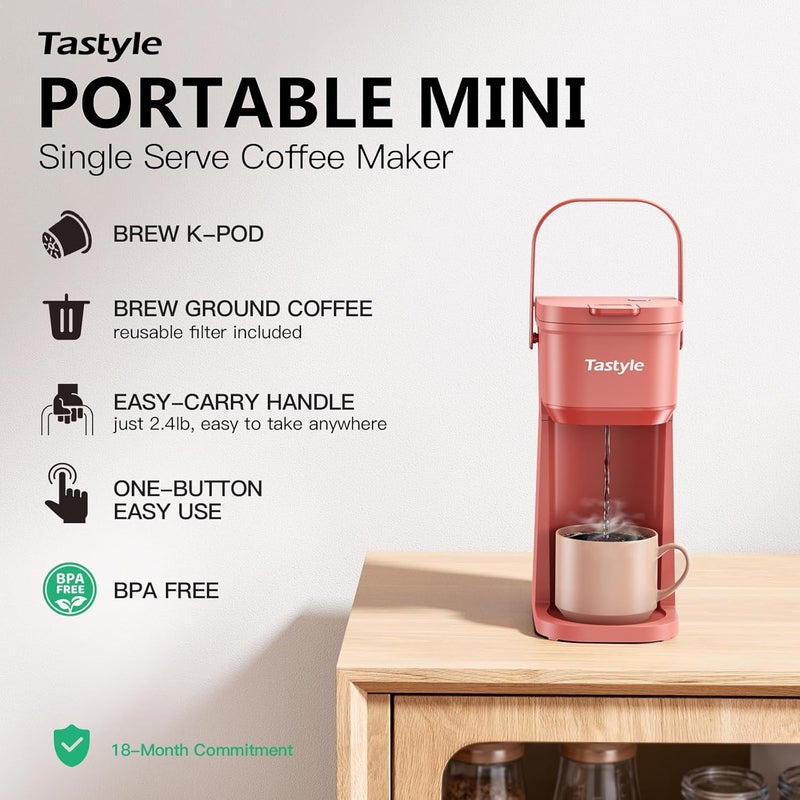Tastyle Single Serve One Cup Coffee Maker, for K Cups and Grounds, Mini Coffee Maker with Portable Handle, 6 to 12 Oz Brew Size, for Travel, Camping, Office, RV and Dorm, 120V, Salmon Pink - Image 2